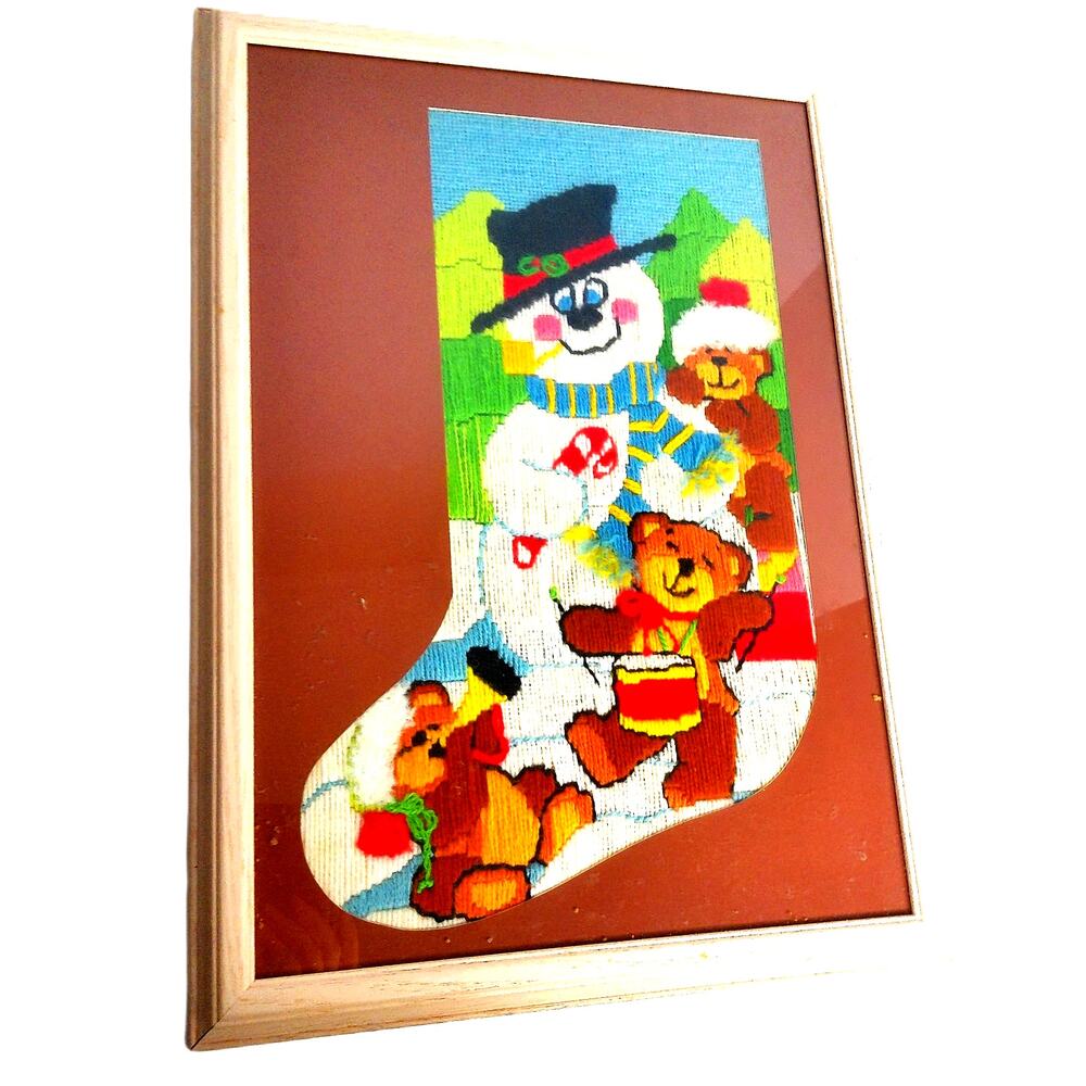 Vtg Dimensions Snowman Teddy Bear Needlepoint Framed Christmas Holiday